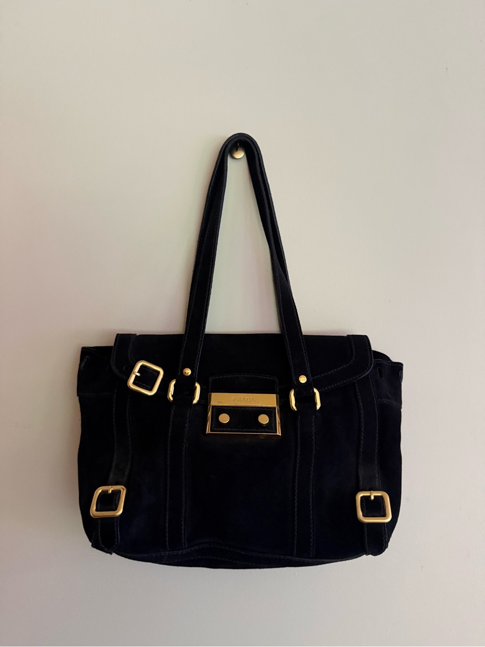Prada Black Suede Tote Bag with Gold Hardware